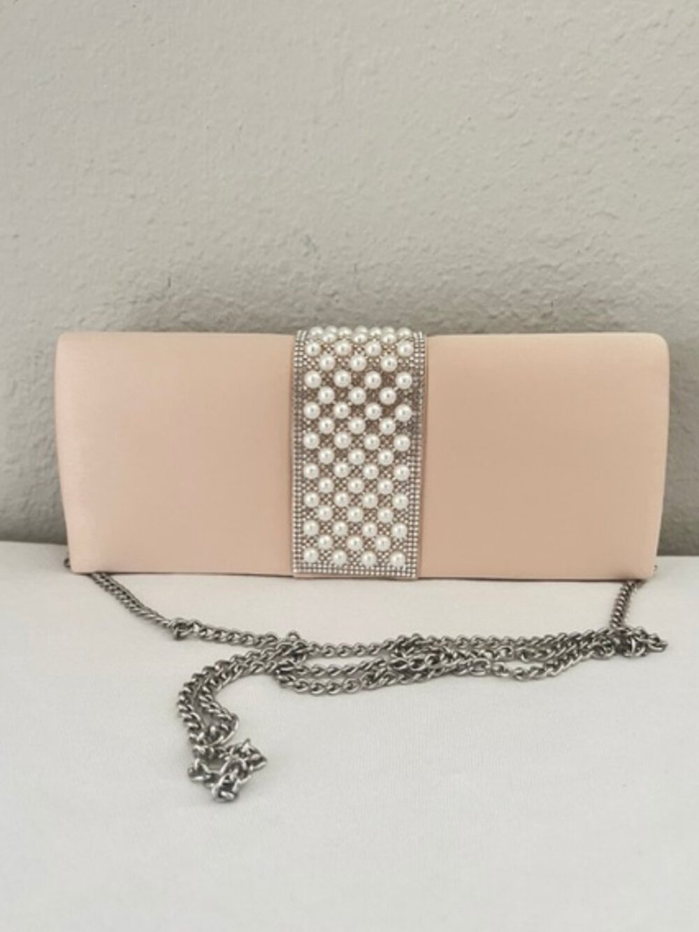 Giani Bernini Pearl Rhinestone Satin Ribbon Champagne Clutch NWD